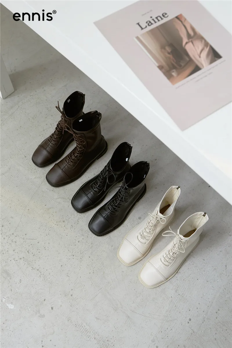 ENNIS/женские ботильоны на шнуровке; Ботинки martin из натуральной овечьей кожи; сезон осень-зима; растягивающиеся ботинки на низком каблуке; Белая обувь; A9381