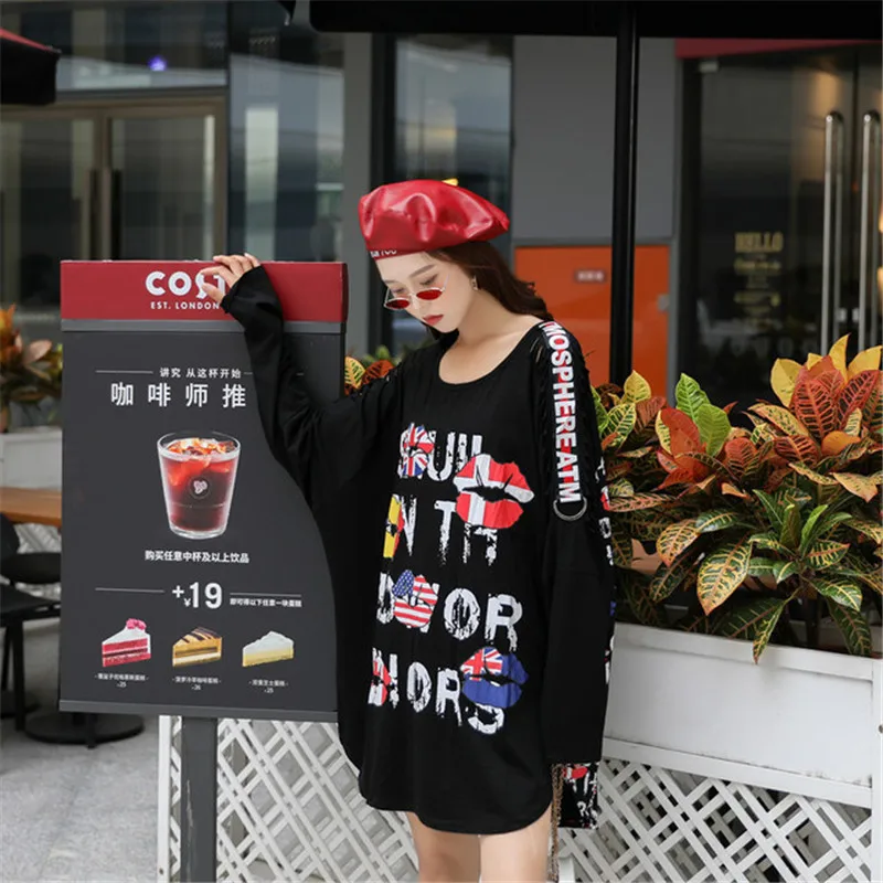 New Women's Shirt Autumn Punk Style Stitching Long-Sleeved Large Size Loose Letter Hip Hop Black T-shirt Batwing Sleeve