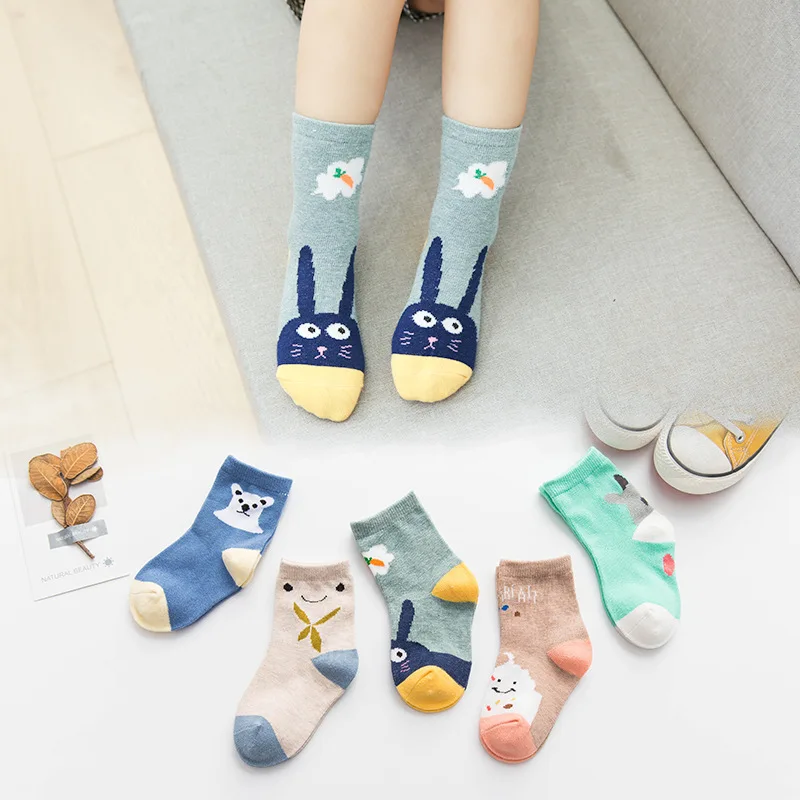 

5 Paris/Lot Children Cotton Socks Boys Girls Fashion Simple Style Baby Rabbit Cartoon Monkey Socks Kids Clothing Accessories