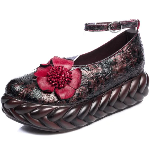 Женские туфли-лодочки; Туфли на высокой танкетке; женские туфли-лодочки из натуральной кожи; сезон осень; коллекция года; Туфли Mary Jane с вышивкой; брендовые туфли-лодочки - Цвет: Red