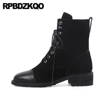

big size brand plus women shoes suede high heel front lace up casual ankle boots autumn winter round toe 10 black chunky chinese