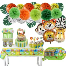 Tableware-Set Hats Cups Birthday-Decor-Supplies Jungle Straw-Animal Kids Plate Safari Party