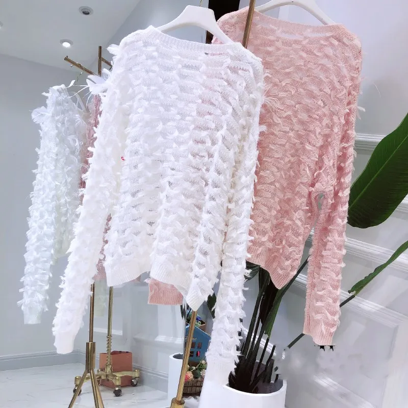 WHITNEY WANG осень мода уличная перья кисточкой свитер женский джемпер sueter mujer invierno