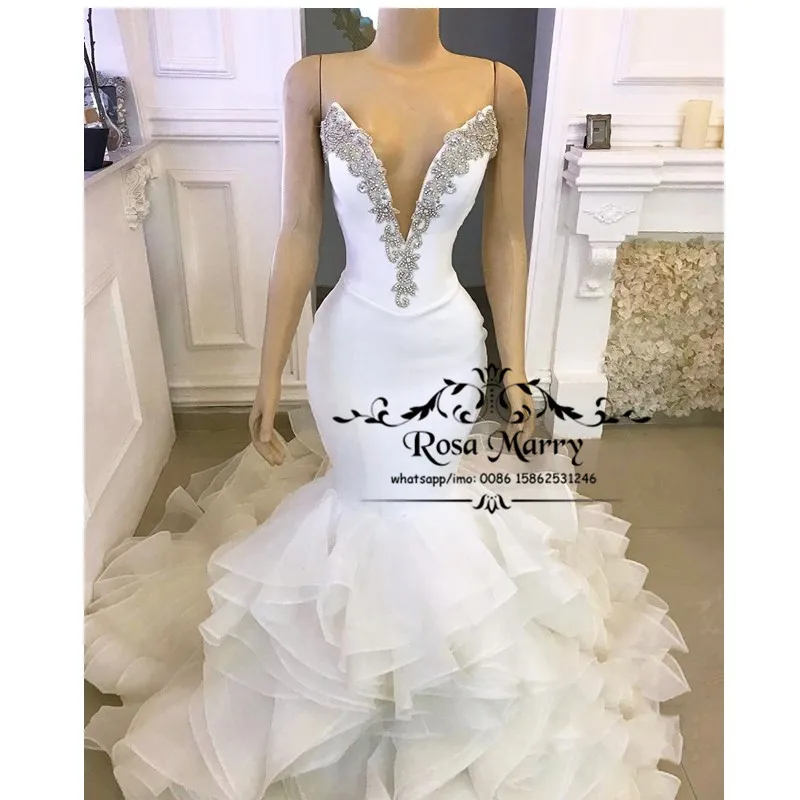 

Sexy Cascading Ruffles Mermaid Wedding Dresses 2020 Plus Size Crystals Beaded African Nigeria White Organza Vestido De Novia