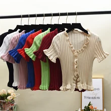 

Women Ruffles Knitted Short Flare Sleeve Cropped Sweaters Cardigans Lady Single-breasted Summer Thin Sweater Crop Tops Female