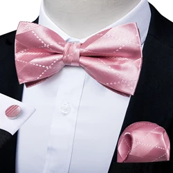 New Fashion Pink Men's Bow Tie Silk Plaid Bowtie Cufflinks Hanky Set for Wedding Party Homme Cravat Formal Dress Suit Accessory
