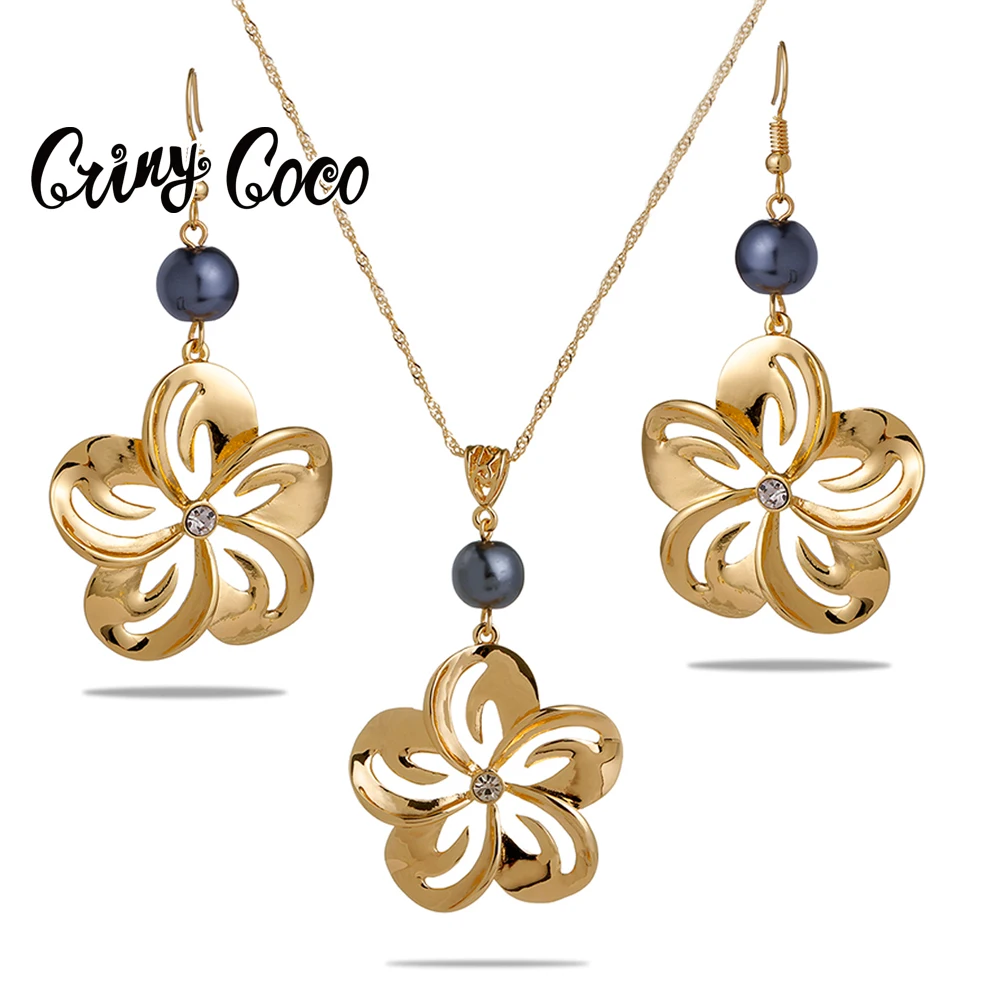Cring Coco Fashion Hibiscus Flowers Jewelry Sets Female Holiday Zinc Alloy Dangling Drop Earrings Pendant Necklace Set for Women
