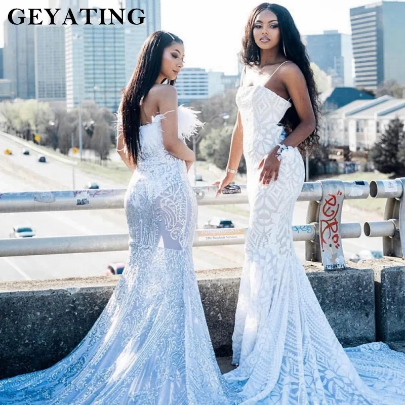 Afrikaanse Witte Sequin Kant Mermaid Prom Dresses Voor Zwarte Meisjes 2k20 Sexy Spaghettibandjes Avondjurk Met Lange Trein Afrikaanse Witte Sequin Kant Mermaid Prom Dresses Voor Zwarte Meisjes 2k20 Sexy Spaghettibandjes Avondjurk Met Lange Trein