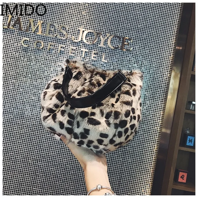 

IMIDO Personality Shoulder Messenger Bag Fashion Portable Hairstyle Casual Cute Fluffy Handbag Simple Color Bucket Bag