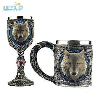 

Stainless Steel Wolf Mug Creative Resin 3D Wolf Coffee Cup Handmade Tea Wine Beer Goblet Drinkware Mugs Gothic Dinner Party Deco