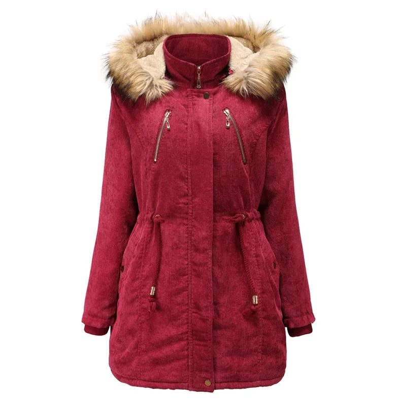 Женское зимнее пальто с капюшоном, вельветовое пальто, пальто с хлопковой подкладкой, толстое теплое пальто с поясом, меховое пальто с капюшоном, верхняя одежда на пуговицах - Color: Red
