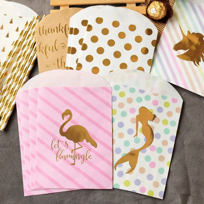 Cute Golden Unicorn Mermaid Paper Envelope Baby Baptism Birthday Party Flamingo Paper Bag Kraft Thank you Gift Envelope10pcs