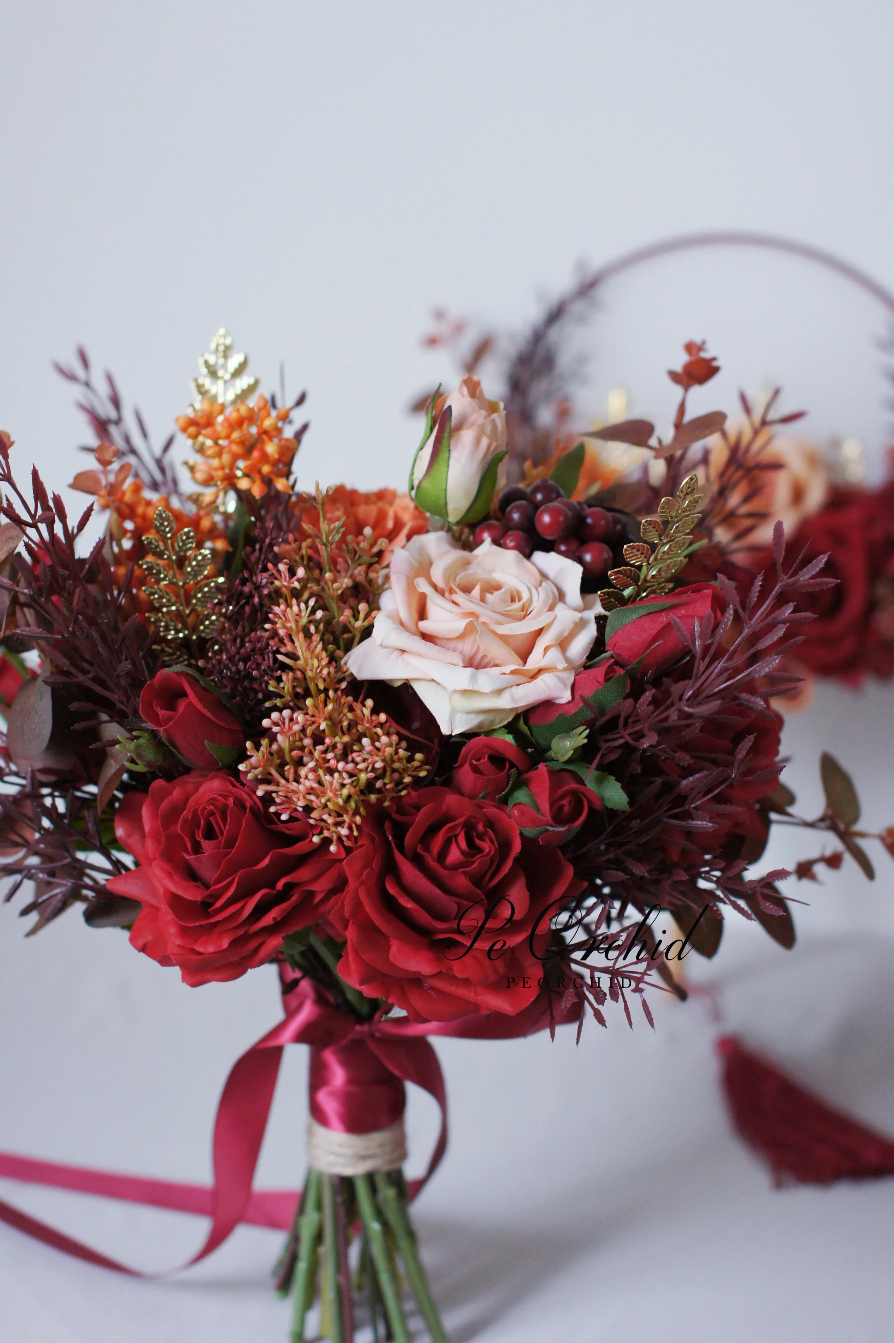 PEORCHID Vintage Burgundy Wedding Bouquet Rose Artificial flowers Decoration 2020 Brand New Bridal Gold Broach Bouquet