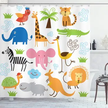 

Animal Shower Curtain Giraffe Elephant Zebra Turtle Kids Nursery Baby Themed Cartoon Comic Print Bathroom Decor Set