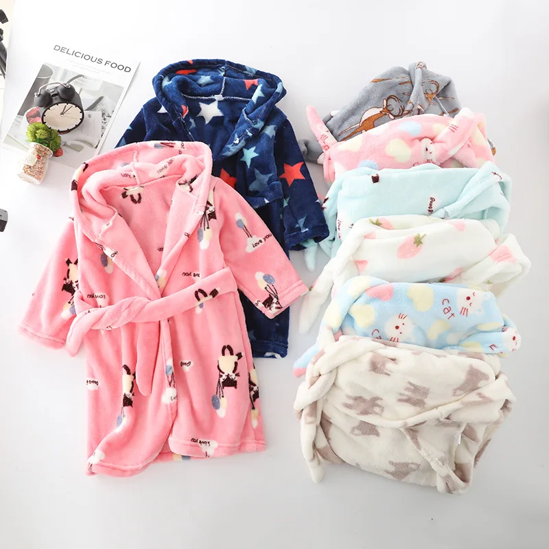 

Toddler Kids Flannel Bathrobe Towel Children's winter thick bathrobe Boy Girl winter Cartoon Hooded Night-Gown Sleepwear