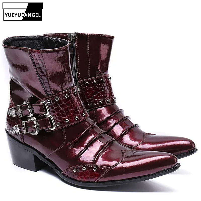 Gothic Punk Men Pointed Toe Shoes Buckle Rivet Biker Block Heels Ankle