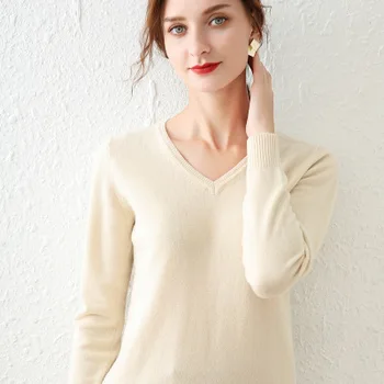 

New autumn and winter ladies long-sleeved V-neck knitted solid color T-shirt bottoming shirt