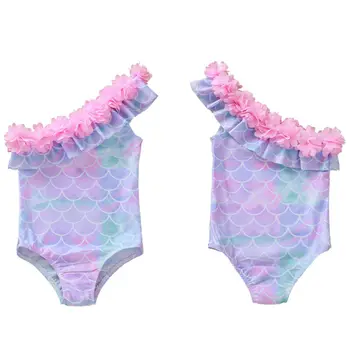 

Kid Baby Girl Bikini Swimsuit Swimwear 2020 Summer Fish Scale Bathing Suit Sunsuit Toddler Flower One-Shoulder Swimming Clothing
