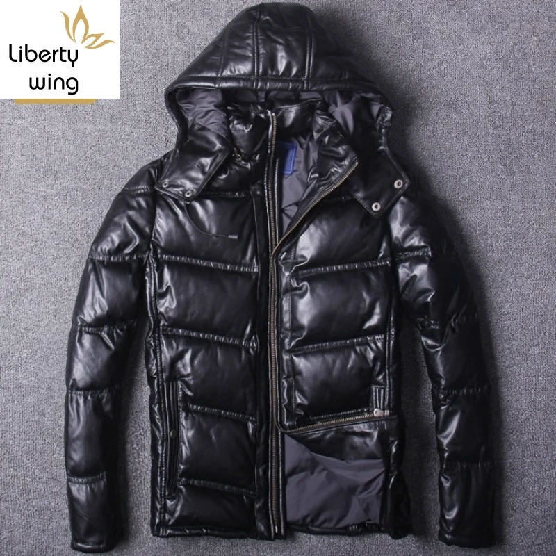 

Mens Slim Fit Thick Genuine Hooded Streetwear Black Zip Sheepskin Real Leather Short Coat Winter Duck Down Jacket