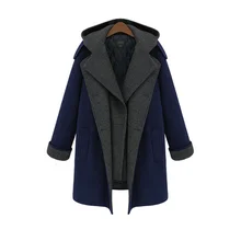 Женское зимнее длинное пальто Тренч Темно-синее хлопковое одноцветное двубортное элегантное шерстяное пальто на пуговицах с отложным воротником Женское пальто размера плюс