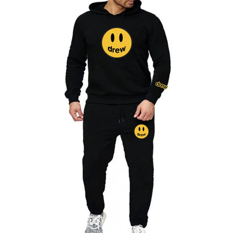 

Hip Hop Hoodie + Pants Men Women Suit Justin Bieber Drew House Smile Face Print Pullover Streetwear Mens Womens Sportswear