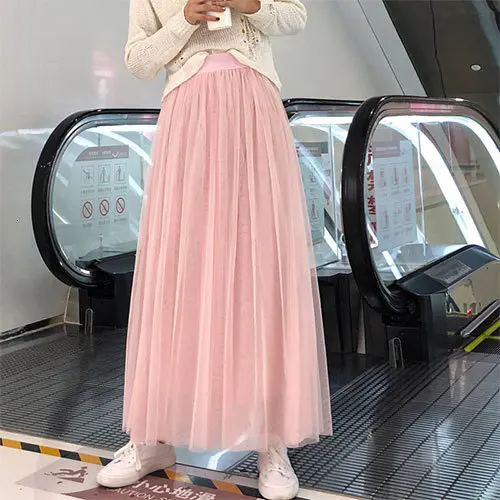 pink PEONFLY Fahion Весенняя Тюлевая юбка макси для женщин 98 см Длина по щиколотку Высокая талия плиссированная длинная сетчатая юбка женская розовый серый - Цвет: pink