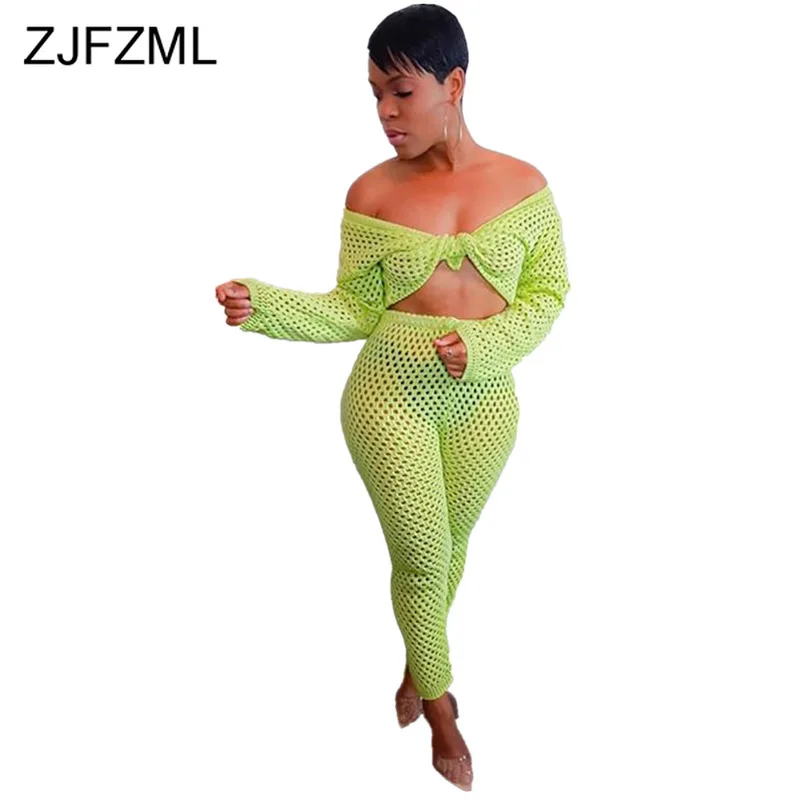 

Fishnet Hollow Sexy Two Piece Matching Set Women Clothes Off Shoulder Tie Up Crop Top and Pencil Pants Neon Green Beach Outfit