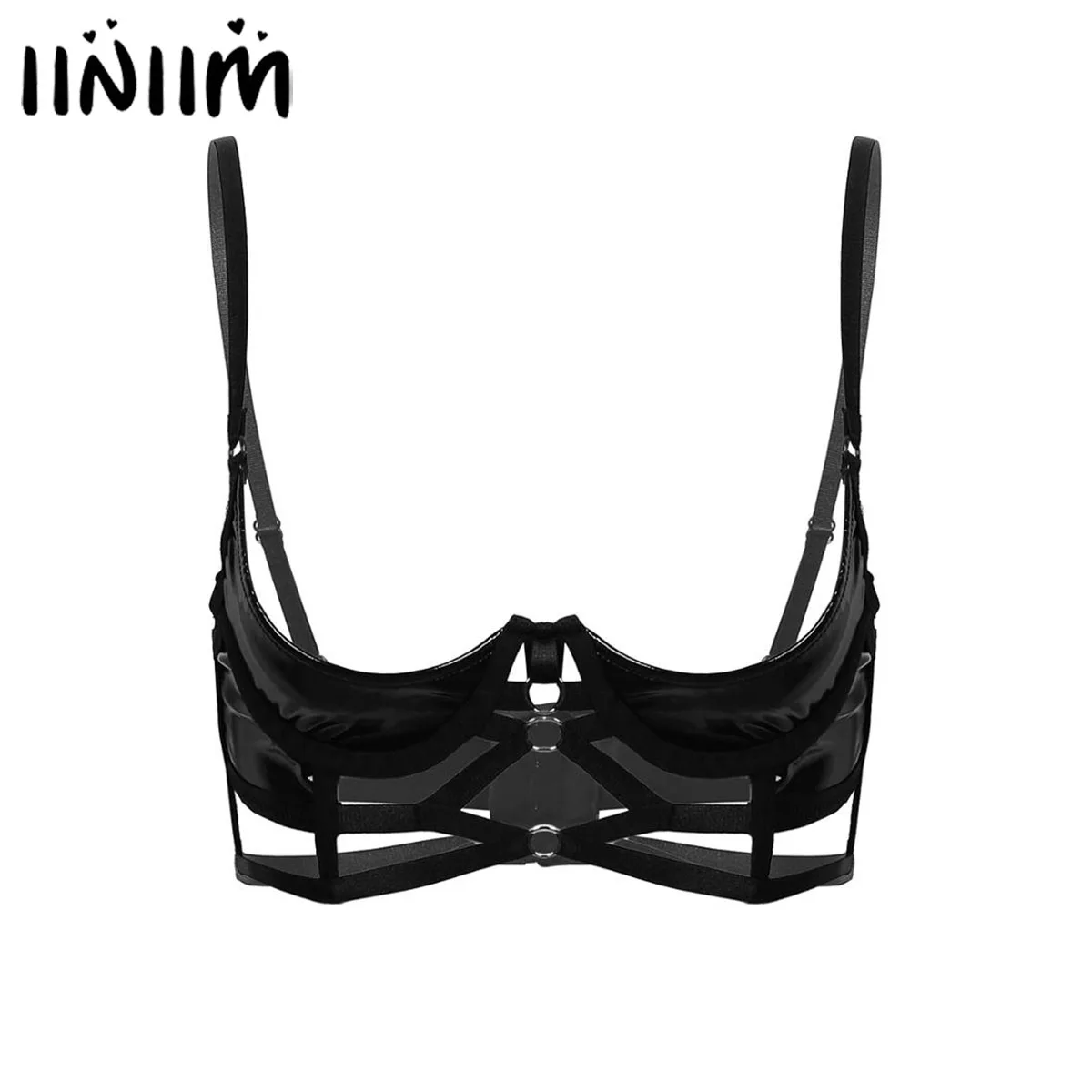 Womens Ladies Wetlook Porno Bralette Leather Lingerie Exotic Clubwear Quarter Open Cup Hot Strappy Bondage Underwired Bra Tops