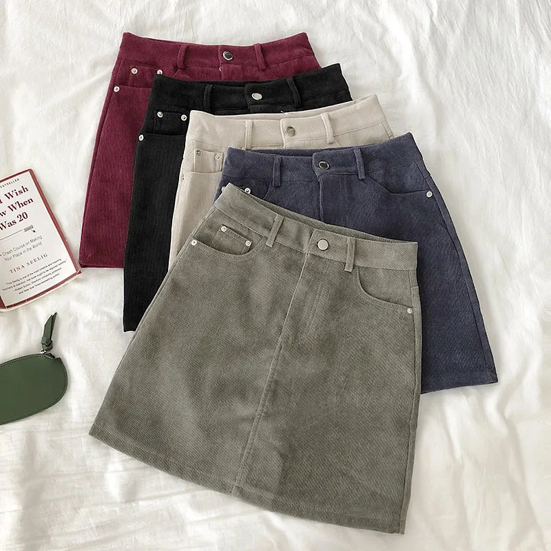 

Women Skirts Autumn Solid Color Corduroy A-line Mini Skirts High Waist Short Skirt Streetwear