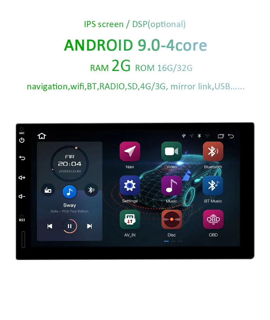 Top 7" IPS screen Android 9.0 DSP 64G Car GPS  PLAYER 2 DIN Universal Octa/Quad Core Radio Navigation Stereo WIFI CARPLAY BT no DVD 3