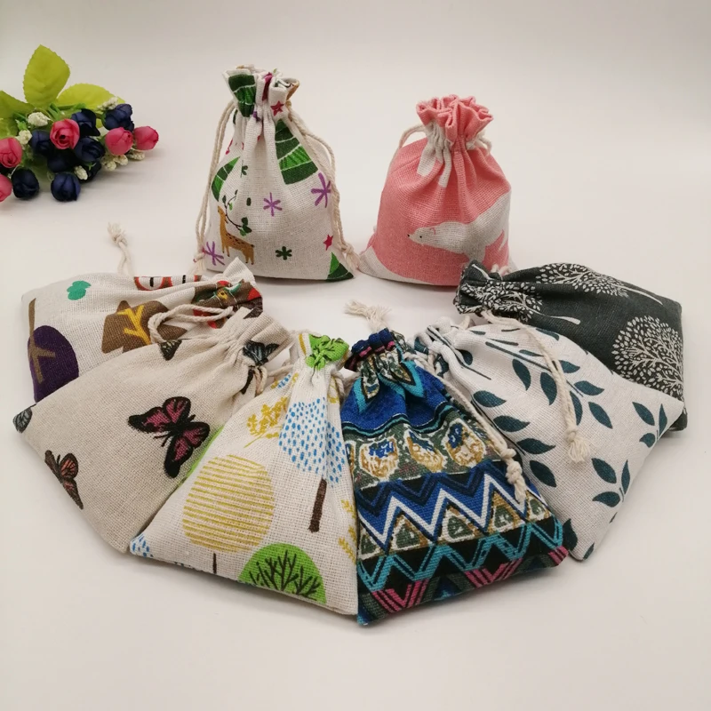 10pcs Pattern Style Jewelry Bags Pouch Drawstring Jute Bag Sack Cotton Bag Little Bags for Jewelry Display Storage Diy Gift Bag