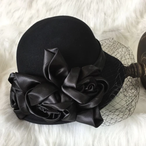 Black Синяя, красная, розовая, Серая шерстяная фетровая женская панама, большая атласная Цветочная вуаль, фетровая Кепка, Элегантная Дамская короткая шляпа с полями - Цвет: Black