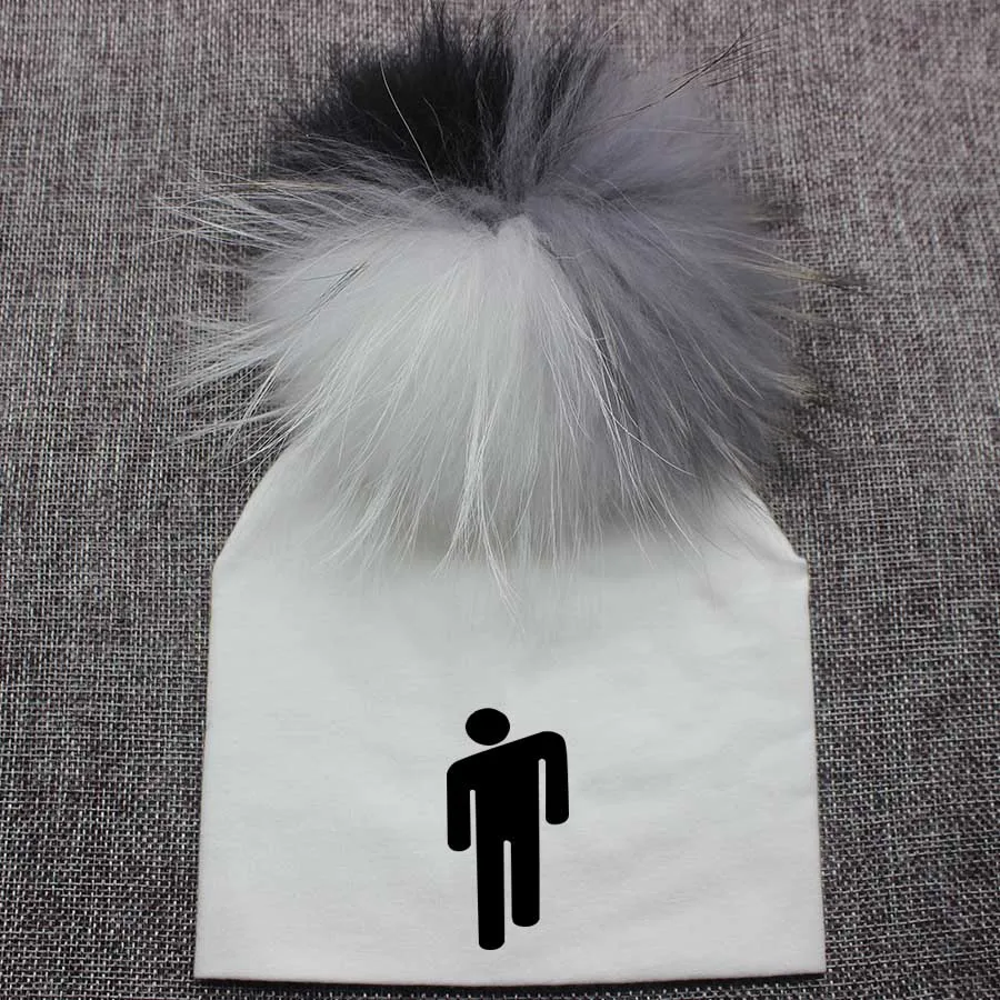 white7 Одежда для новорожденных Хлопковая шапочка для младенца Bille eilish модная футболка без рукавов для помпоном шапка, сезон осень-зима Повседневное из натурального меха, шапка с помпоном Кепки - Цвет: white7