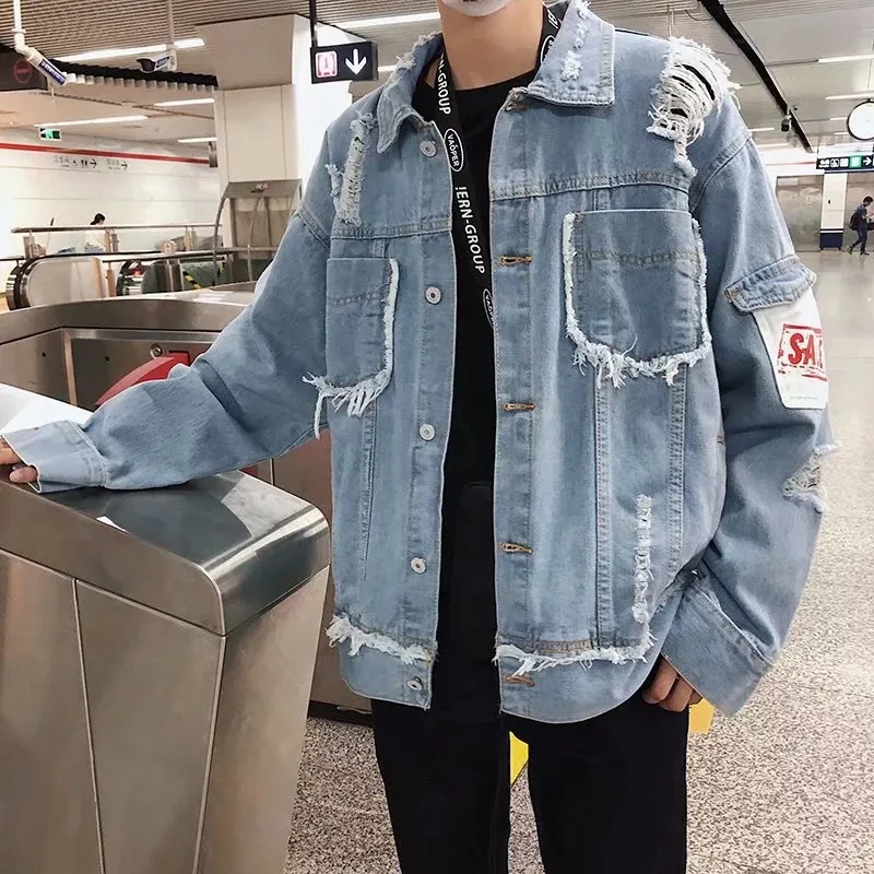 

Men with Holes Jeans Coat Male STUDENT'S Korean-style Popular Brand Hip Hop Loose-Fit BF Style 2018 New Style Autumn Tops Jacket