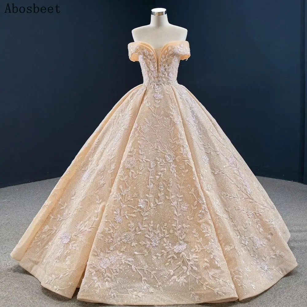 

DD JYOY Champagne Shining Ball Gown Wedding Dress Off Shoulder Lace Wedding Gown Deep Sweetheart Elegant Women Wear Lace Up