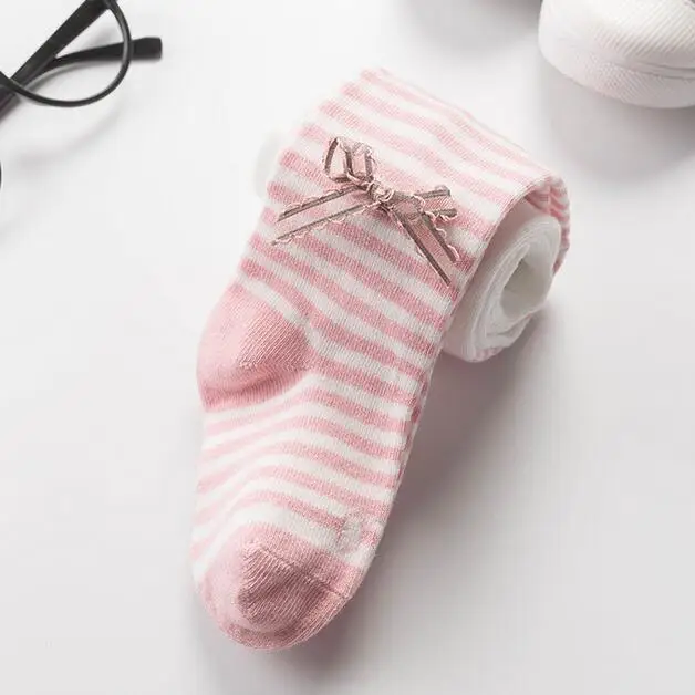 3Pinkwhite Колготки для малышей, леггинсы в полоску с бантом для девочек, Хлопковые вязаные колготки для маленьких девочек на весну-осень - Цвет: 3Pinkwhite