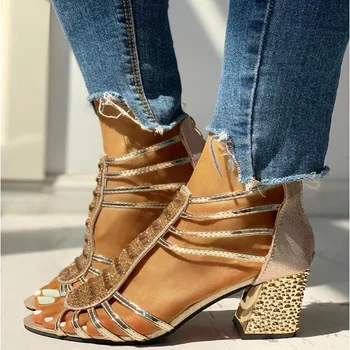 

Women Sandals Crystal Peep Toe Woman Bling Square Heels Female Summer Rome Zip Shoes Ladies 2020 Women's Footwear Plus Size