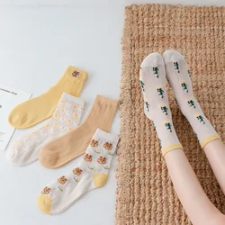 Spring And Autumn Socks Woman Personality Ins Trend Cartoon Kawaii Little Flower Bear Summer Thin Cotton Socks Girl