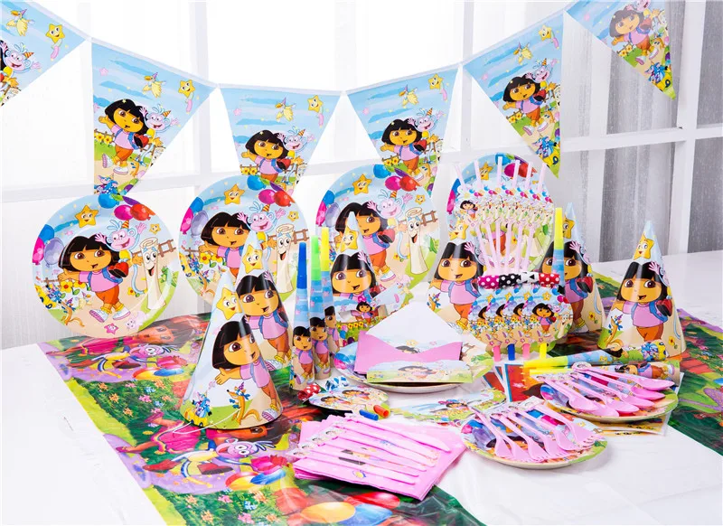 Вечерние одноразовые столовые приборы с рисунком Даши-путешественницы, бумажные тарелки, салфетки, баннеры, соломинки, для дня рождения ребенка