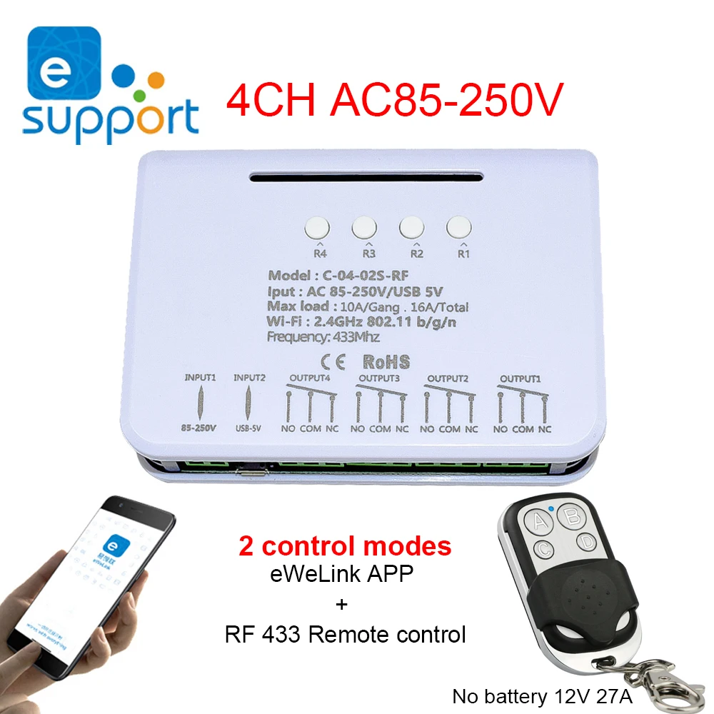 4CH EWelink Wireless Switch,WiFi Switch Module,EWelink APP,Remote Control,DIY Smart Home,4Gang Relay,work with Alexa Google Home 