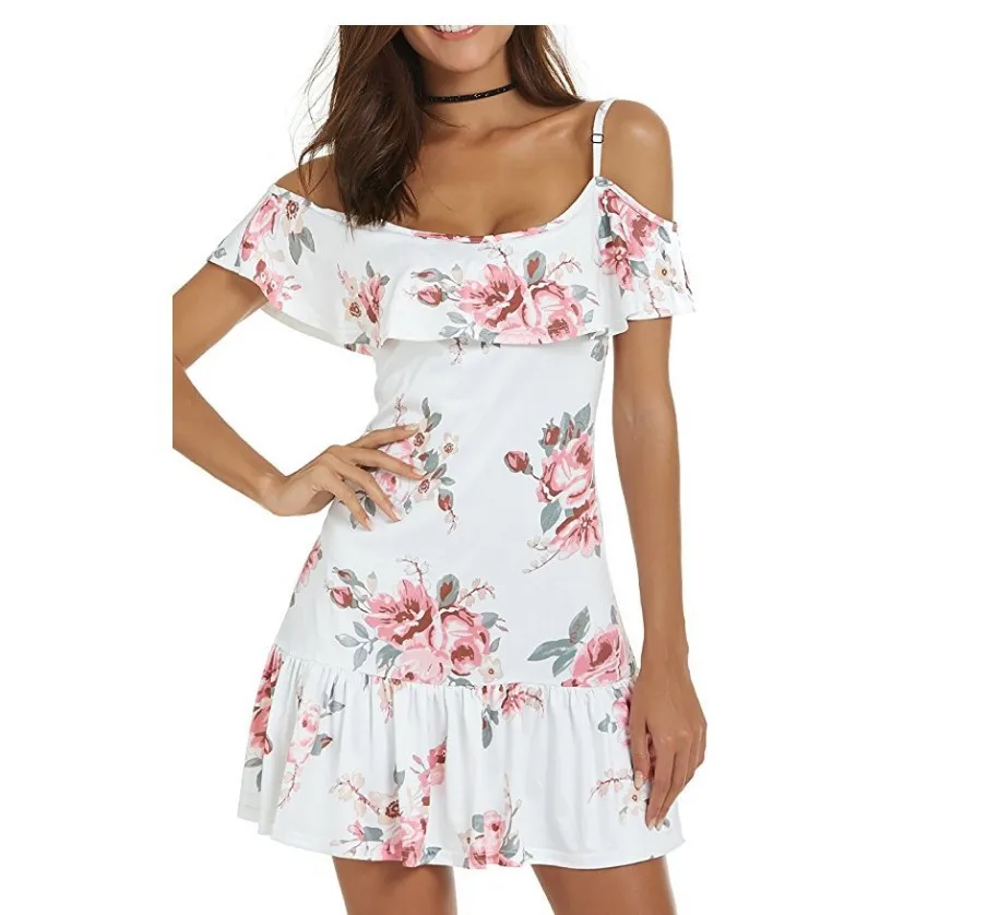 

2019 Amazon Wish Summer Hot Selling Printed Camisole Flounced Pleated off-Shoulder Dress Women's