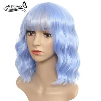 

MS 16inches Blue Short Wavy Wig With Bangs Synthetic Wigs for Women Natural Bob Wigs Heat Resistant Fiber Lolita Wig