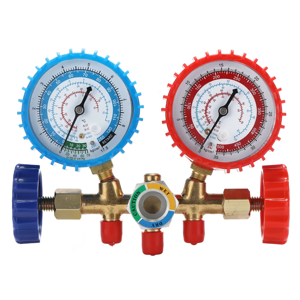 

3 Way Refrigerant Gauge AC Diagnostic Manifold Freon Gauge for R134A R12 R22 R502 Refrigerants with Couplers and Acme Adapter