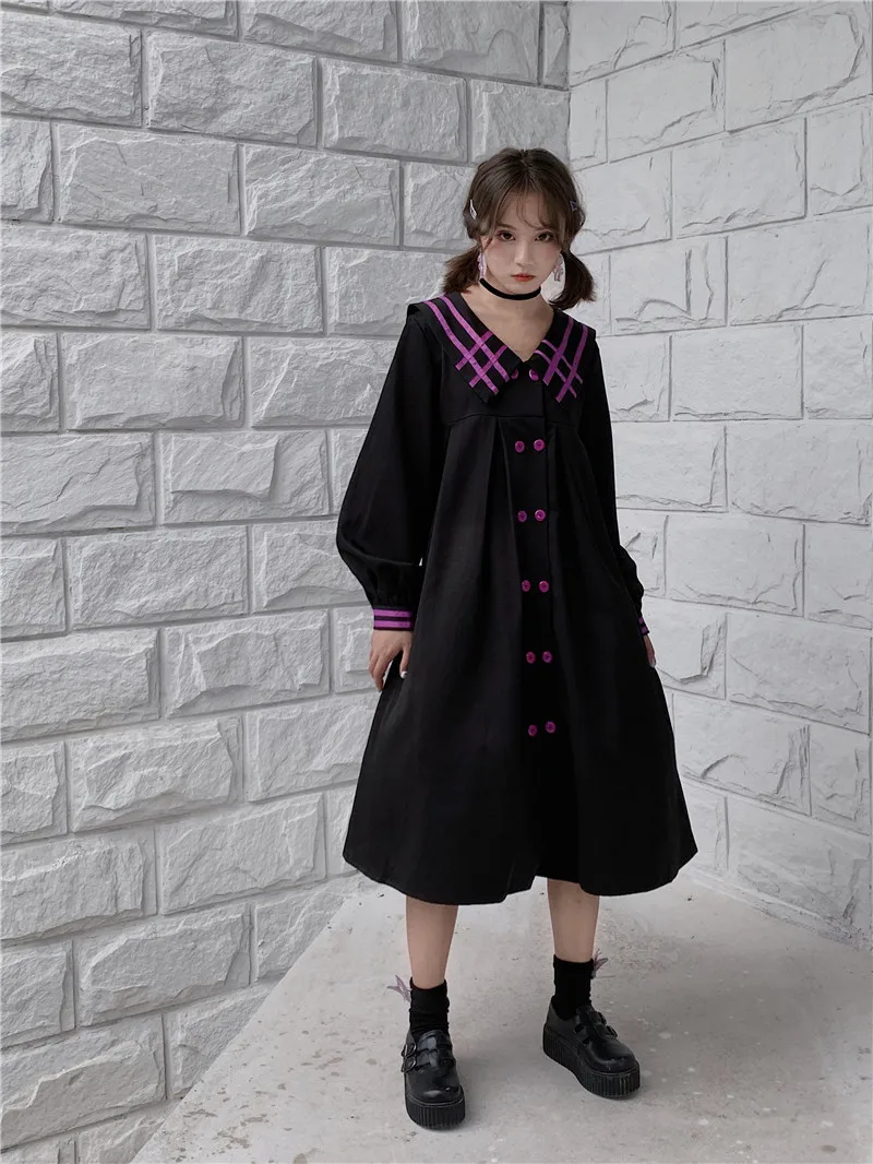 Японский харакуку осень весна женское длинное платье-рубашка с матросским воротником готический черный верхняя одежда милый каваи Винтаж миди платье для девочек