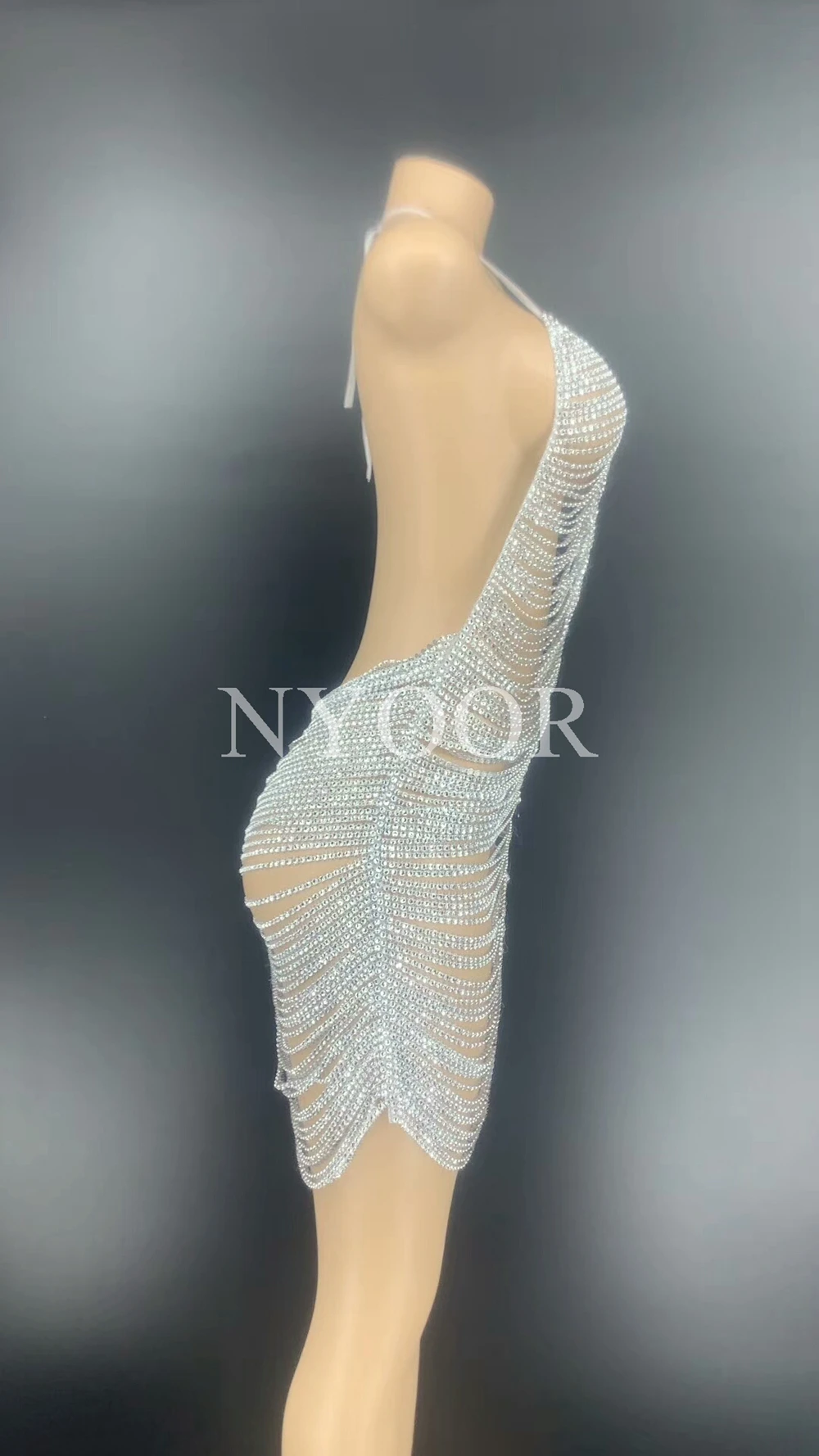 Shining Chains Halter Backless Short Dress Black Birthday Celebrate Party Dress Bar Club Dance Hollow Outfit