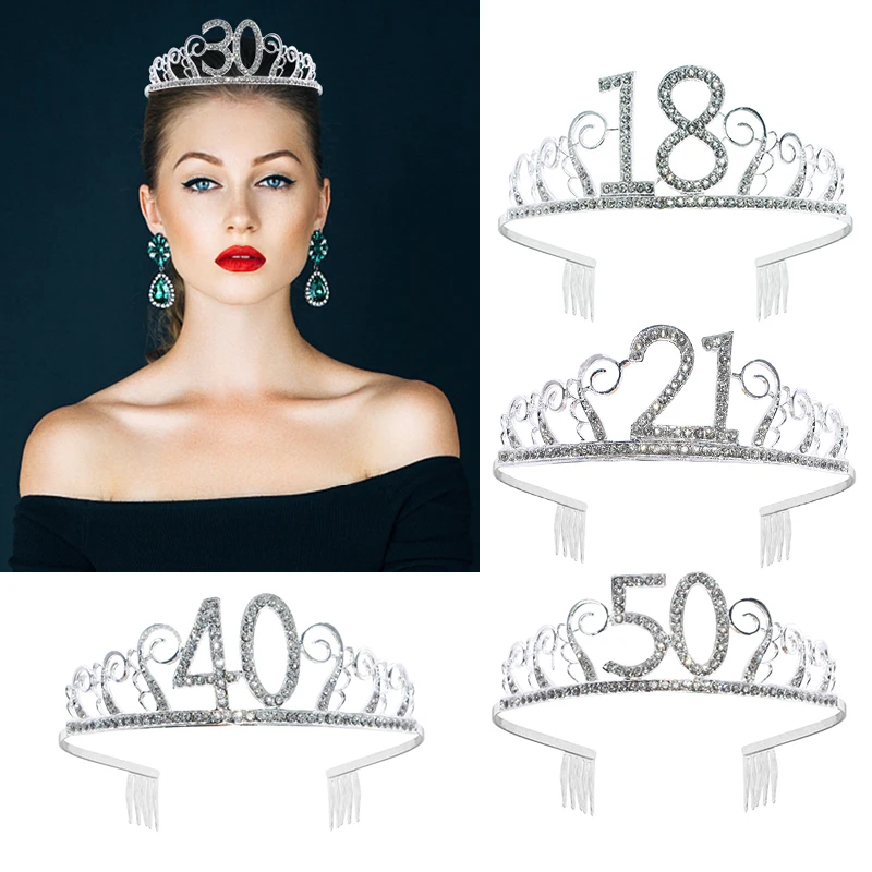 

Корона для волос для женщин, 18, 21, 30, 40, 50st, на день рождения, стразы, аксессуары для волос для взрослых, диадема на выпускной вечер