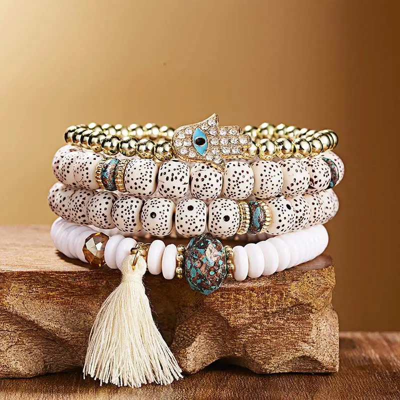 Модные 3-4 шт Boho Многослойные натуральные каменные наручные часы, окрашенные кристаллами Bodhi браслет из бисера