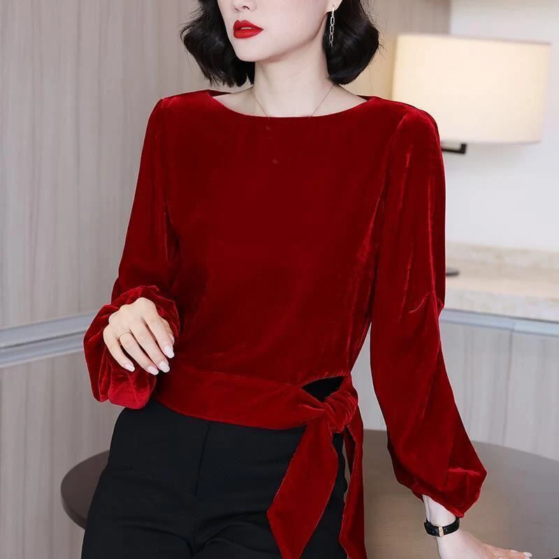 white blouse for women Fall Spring Vintage Womens Warm Thick Bow Lanter Sleeve Wine Red Black Green Velvet Shirt Blouse , Woman 4xl Velour Blouses satin blouse Blouses & Shirts