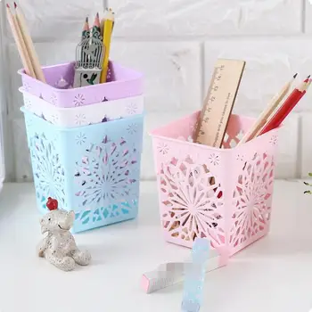 

Plastic Pen Holders office supplies square pen container Hollow Flower Storage box