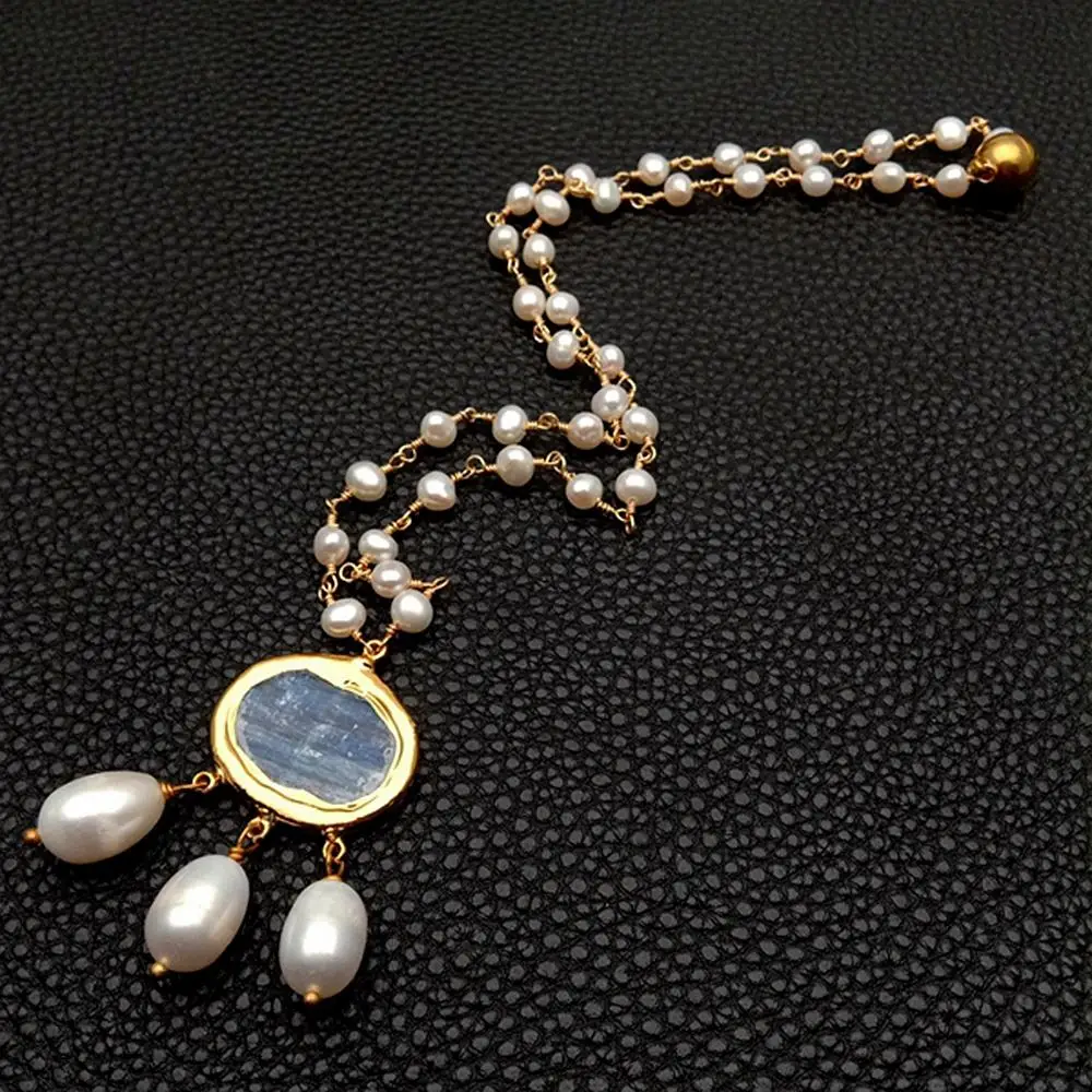 Pendant necklace Silver necklace Natural Cultured White freshwater Pearl Rosary Chain Necklace Blue Kyanite Rice Pearl Pendant 18"